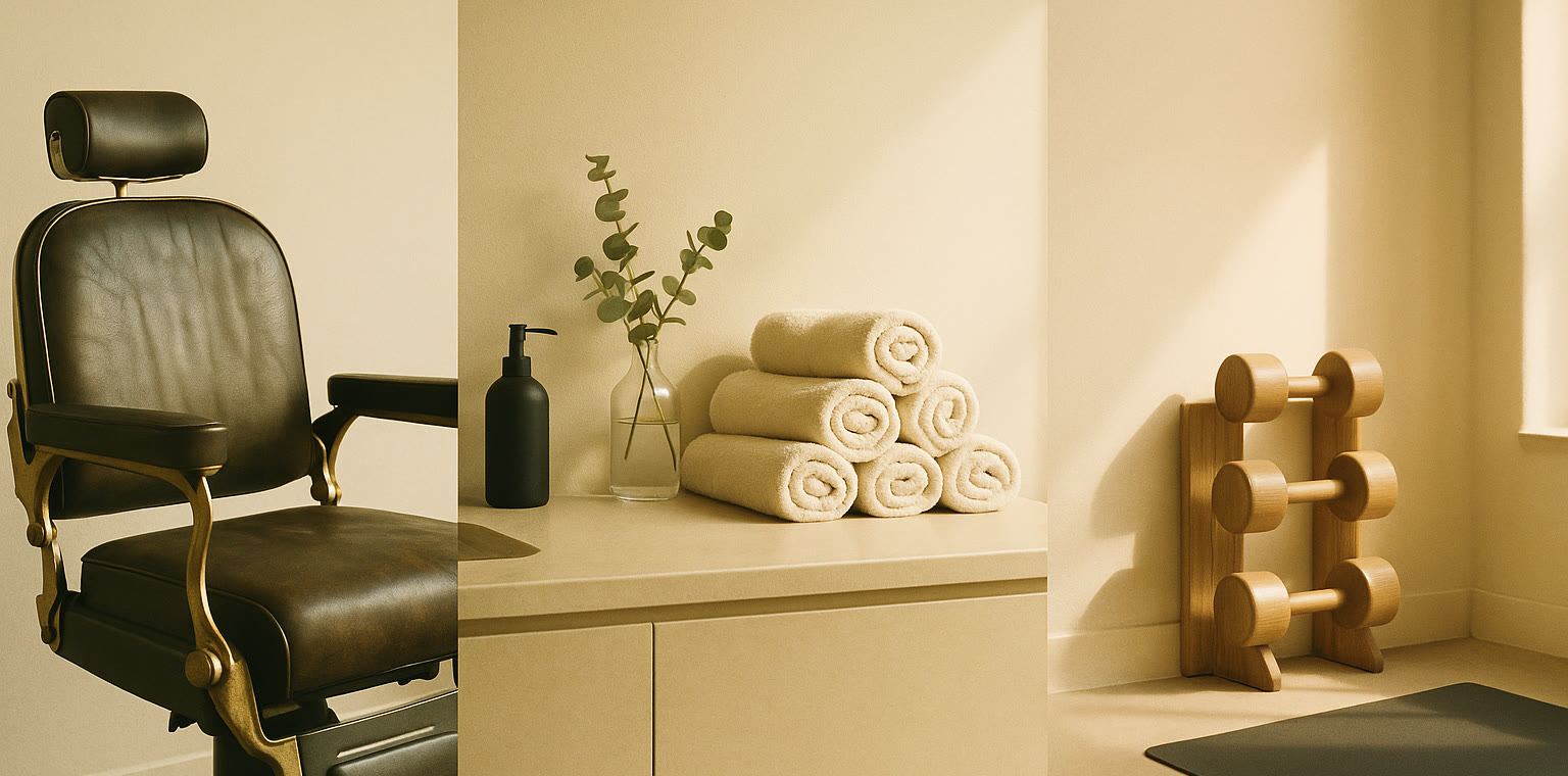 A barbershop chair, rolled spa towels, and a boutique gym corner in one warm space